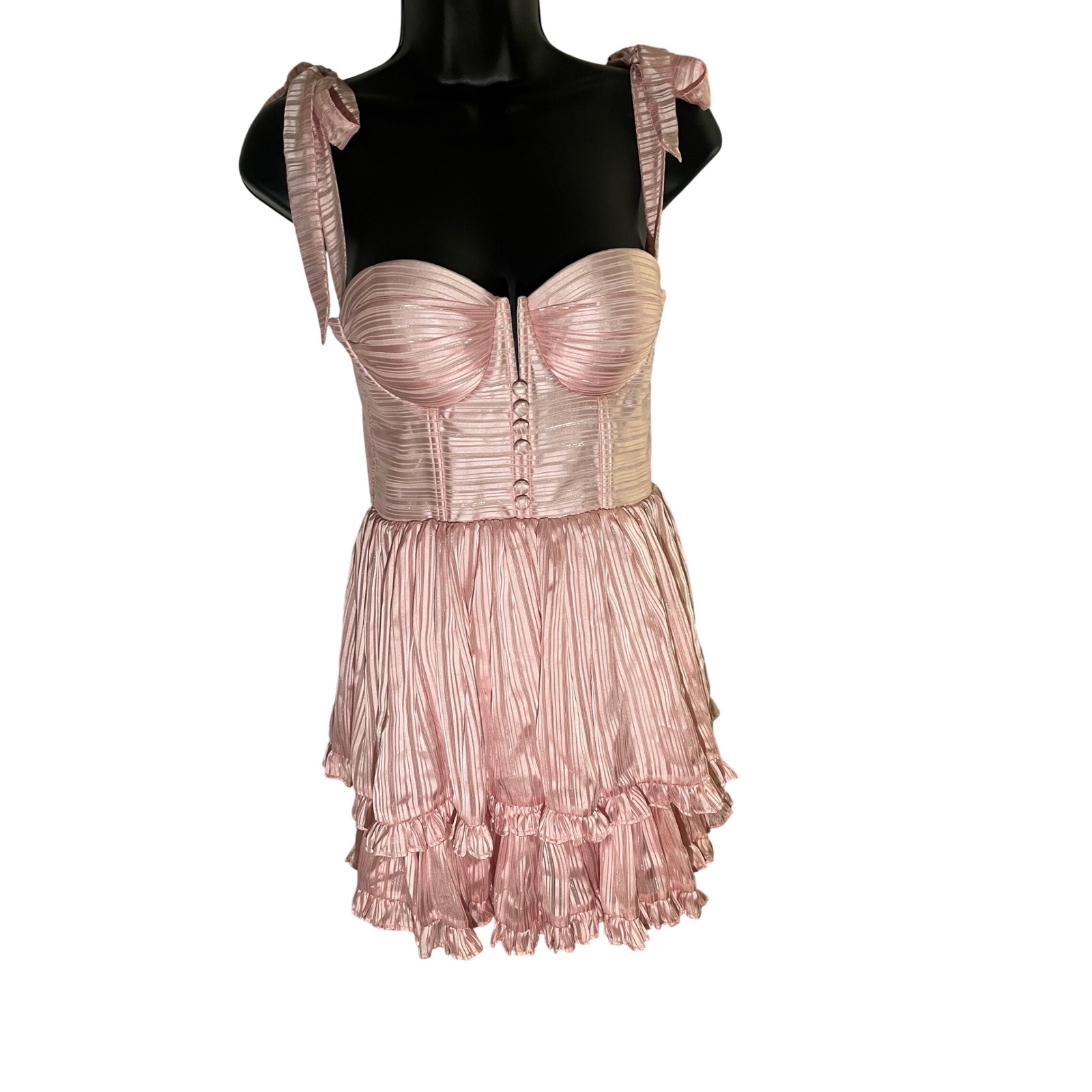Pink Corset Bustier Mini Dress Bow Tie Straps Ruffle Tiered Skirt Party Fairy Xs — image 5 of 8